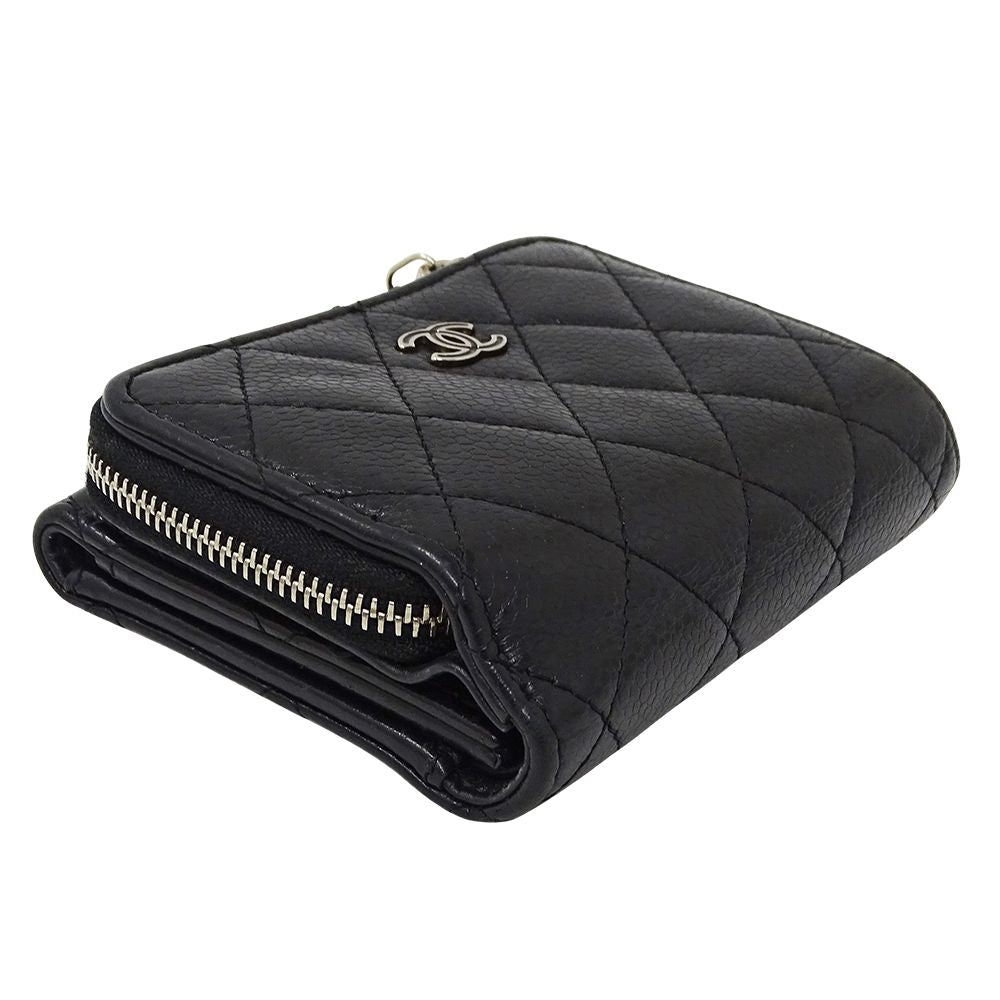 Chanel Wallet Quilted Trifold Caviar Leather Black Silver Mini