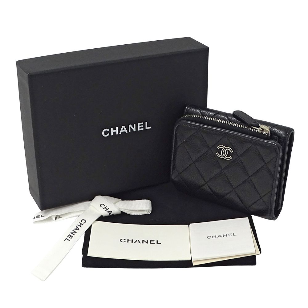Chanel Wallet Quilted Trifold Caviar Leather Black Silver Mini