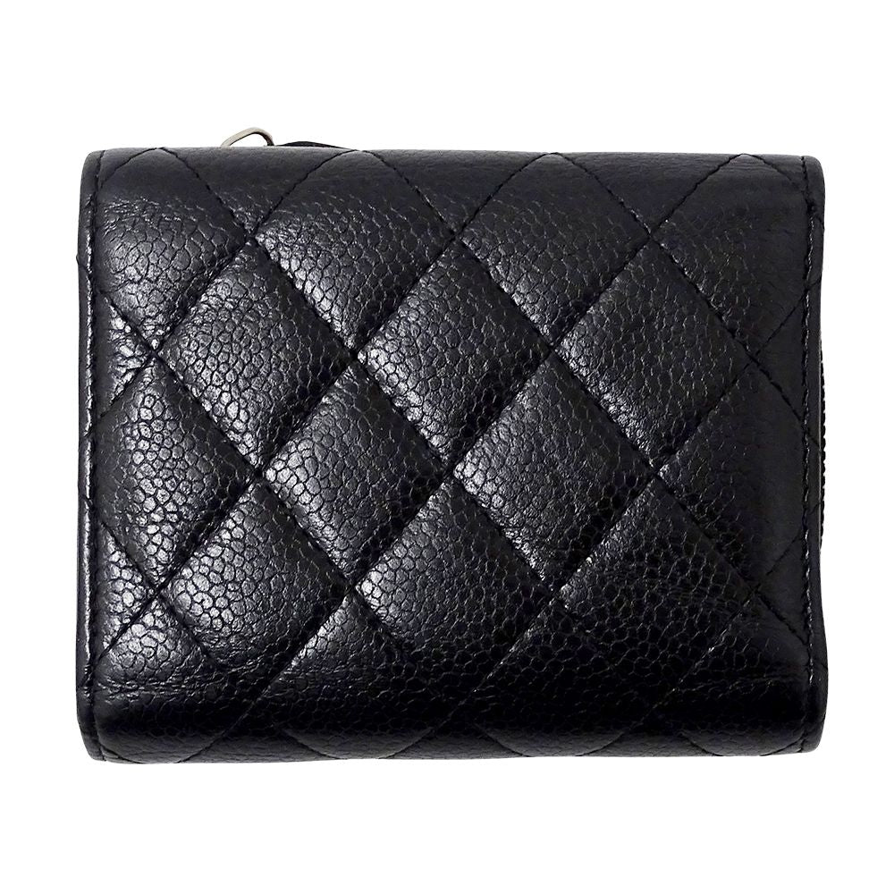 Chanel Wallet Quilted Trifold Caviar Leather Black Silver Mini