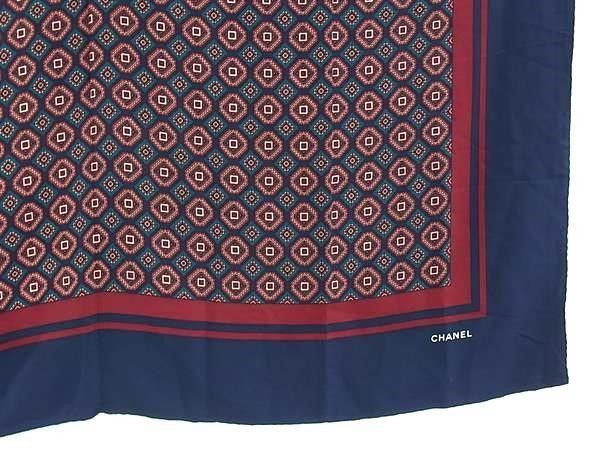 Chanel Shawl Navy Multicolor Silk 100% Large Geometric Pattern Scarf