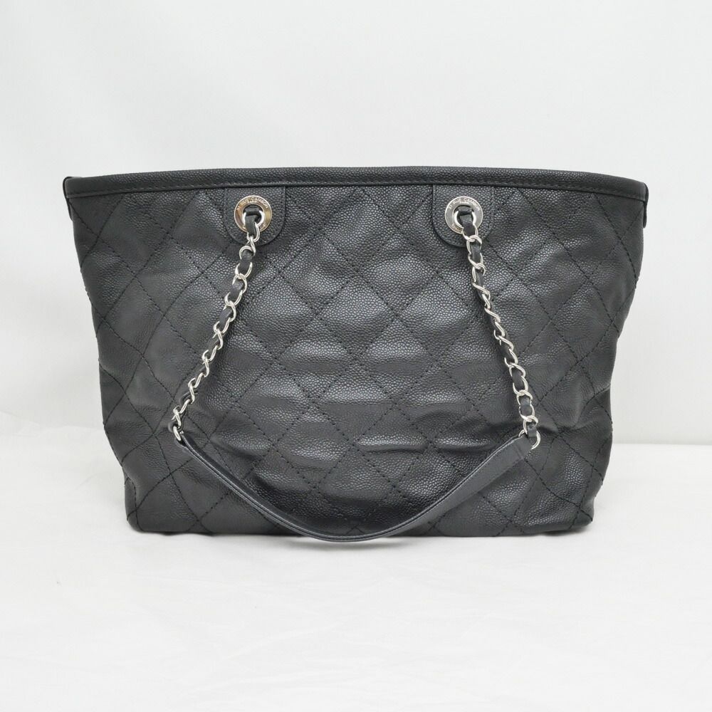 Chanel Chain Tote Black Caviar Leather Silver