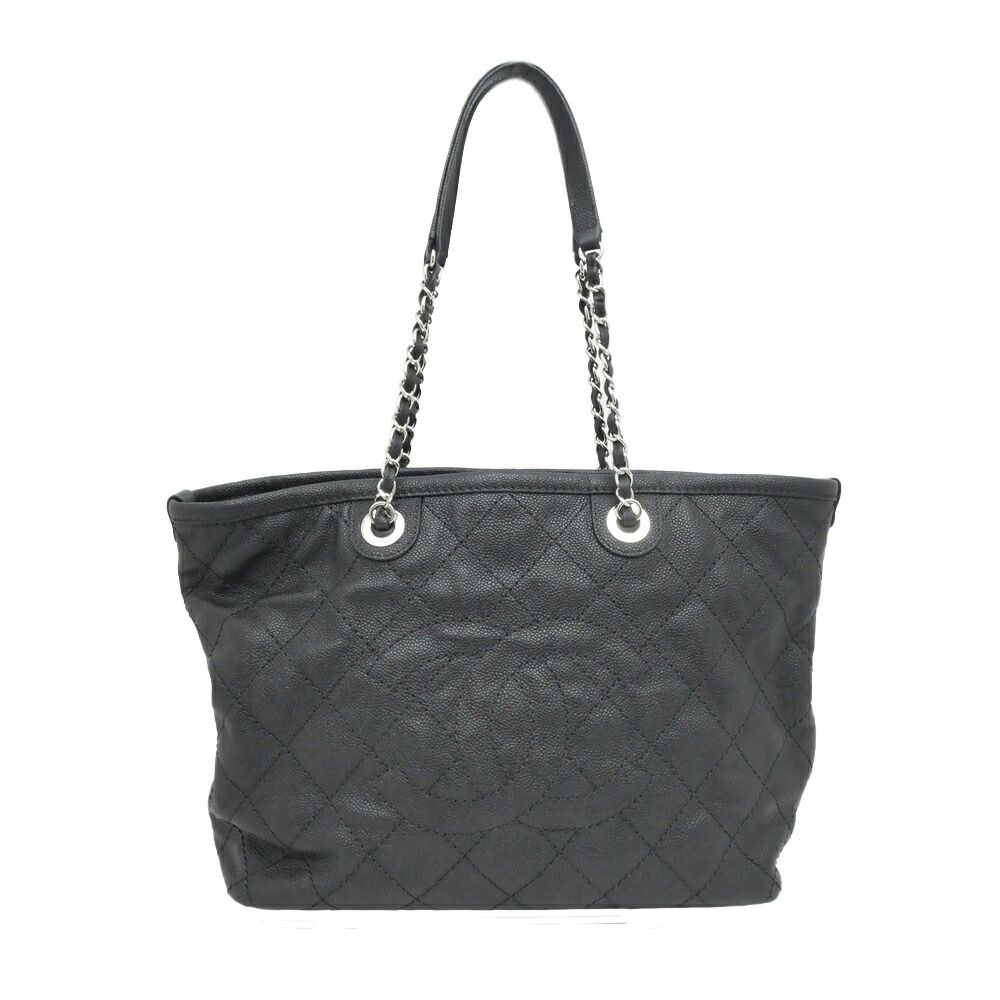Chanel Chain Tote Black Caviar Leather Silver