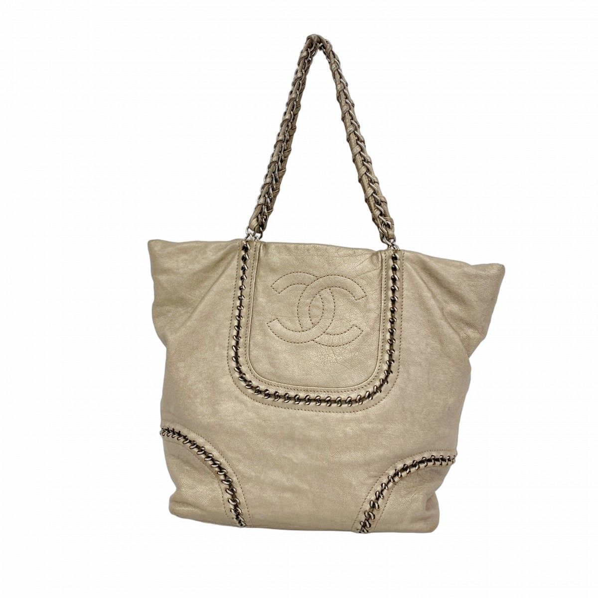 Chanel Chain Tote Leather Brown Silver