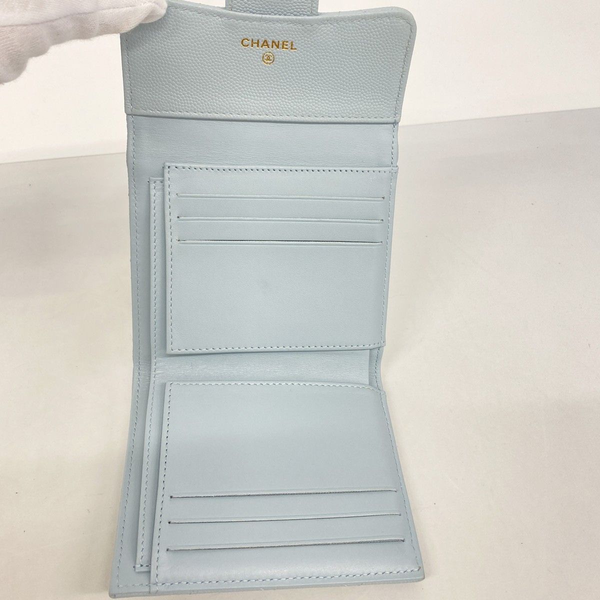Chanel Trifold Wallet Quilted Caviar Leather Light Blue Champagne Gold