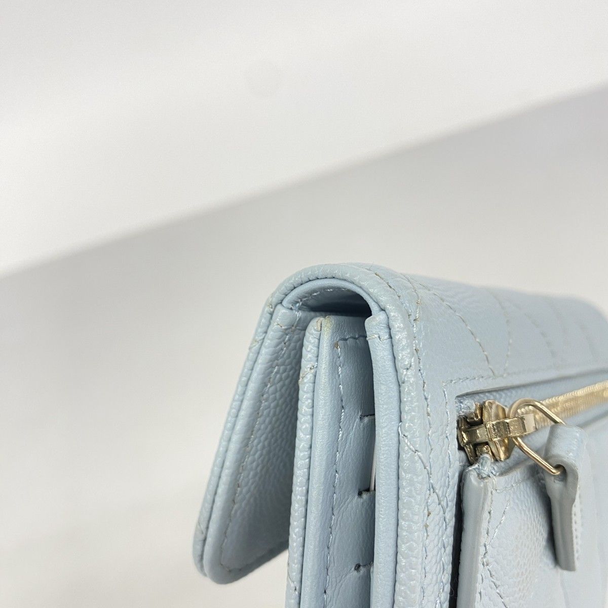 Chanel Trifold Wallet Quilted Caviar Leather Light Blue Champagne Gold