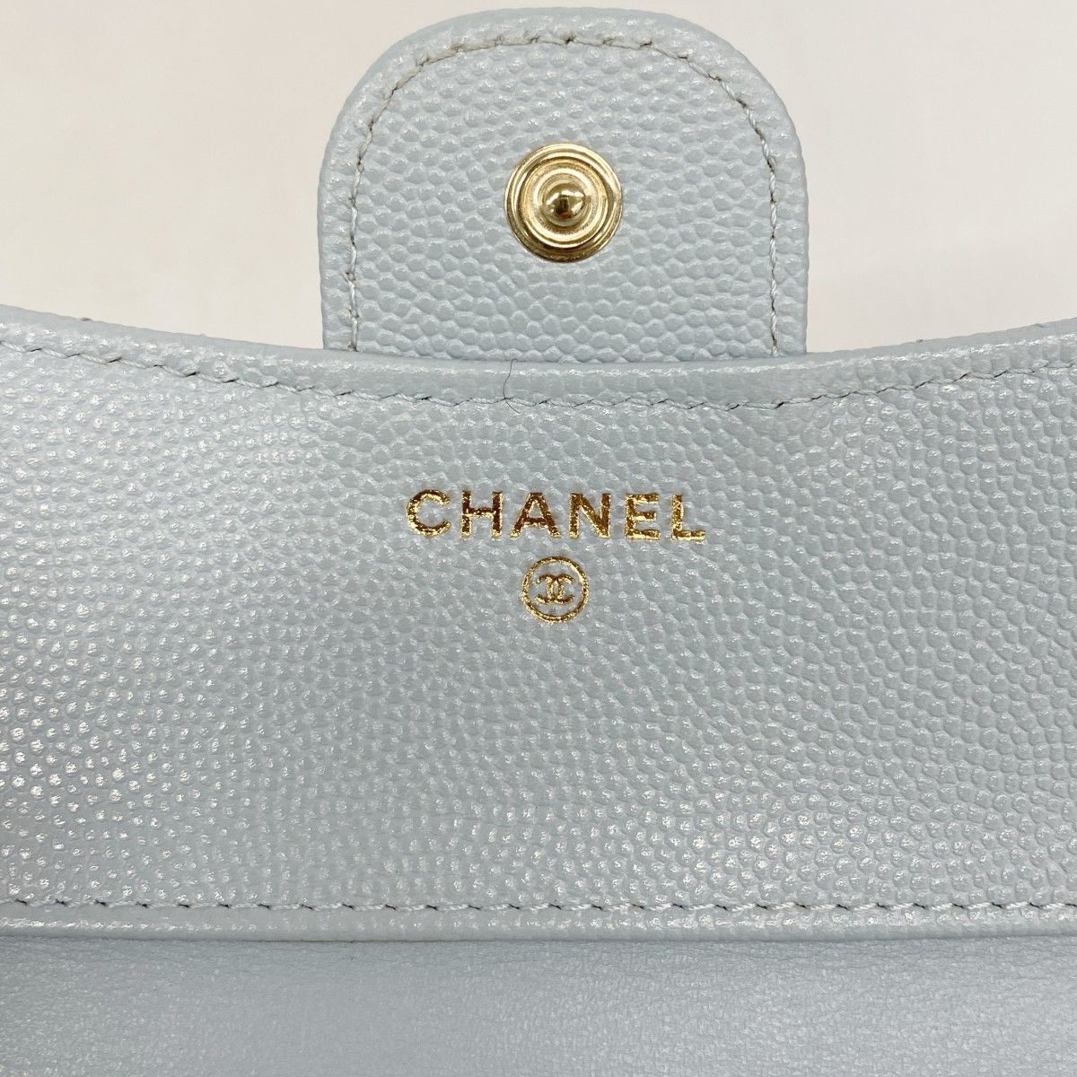 Chanel Trifold Wallet Quilted Caviar Leather Light Blue Champagne Gold