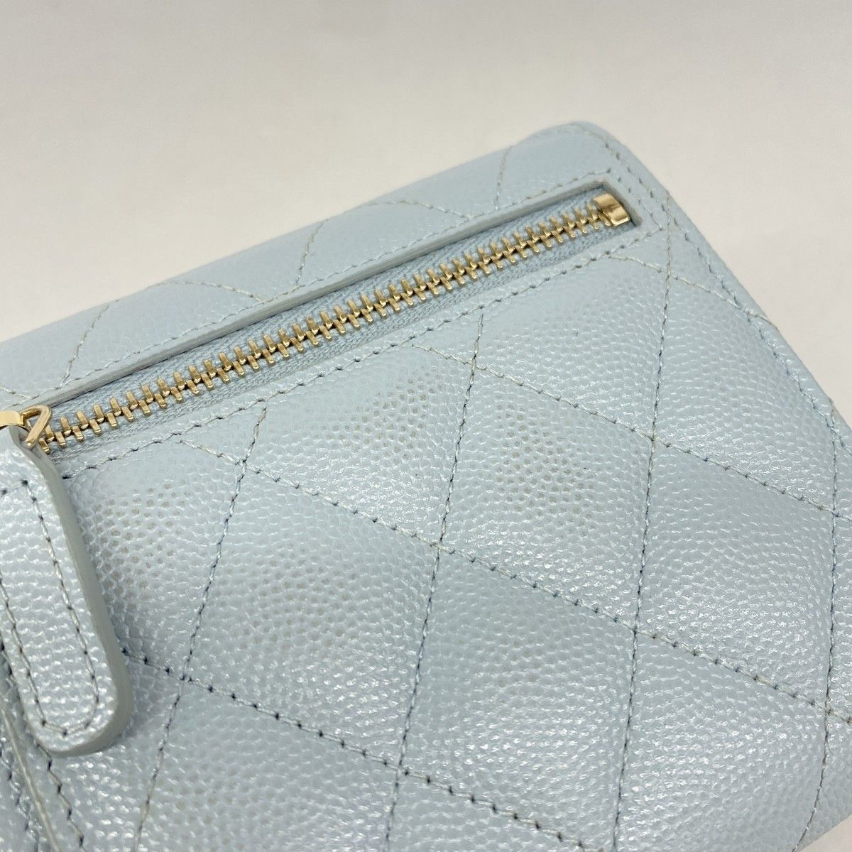 Chanel Trifold Wallet Quilted Caviar Leather Light Blue Champagne Gold