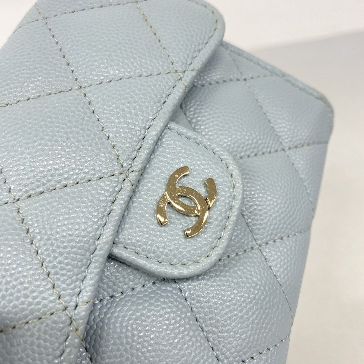 Chanel Trifold Wallet Quilted Caviar Leather Light Blue Champagne Gold