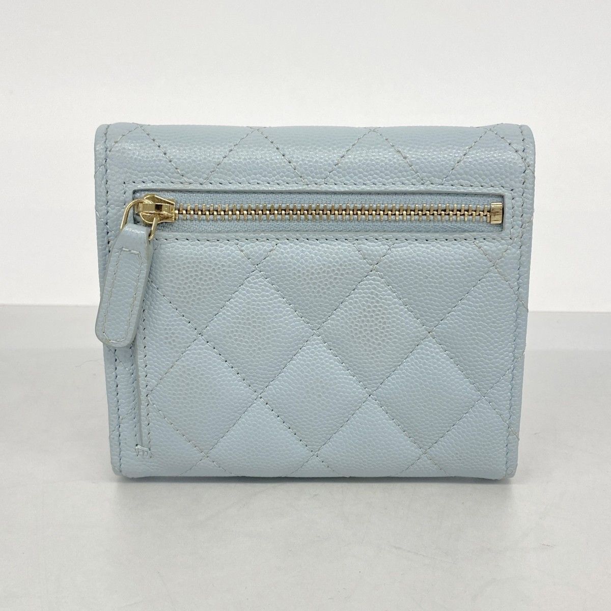 Chanel Trifold Wallet Quilted Caviar Leather Light Blue Champagne Gold