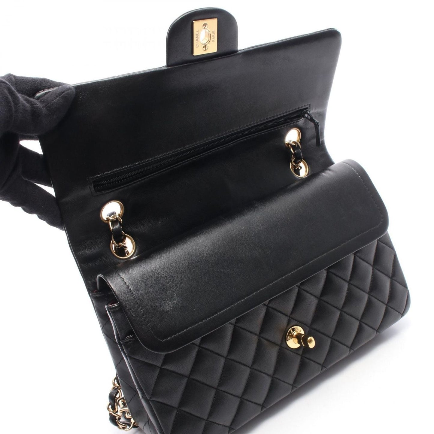 Chanel Shoulder Bag Quilted Double Flap Black Leather Chain