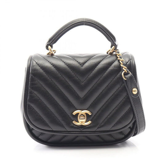 Chanel Shoulder Bag Blanc Stitch 2-Way Black Lambskin Chez Top Handle Chain