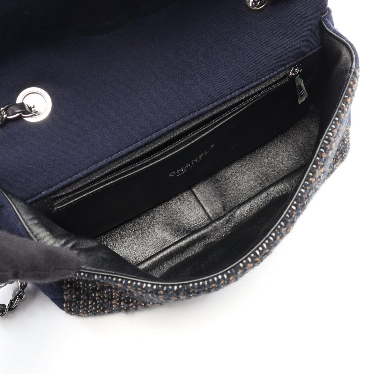 Chanel Shoulder Bag Quilted Navy Brown Fabric Chain