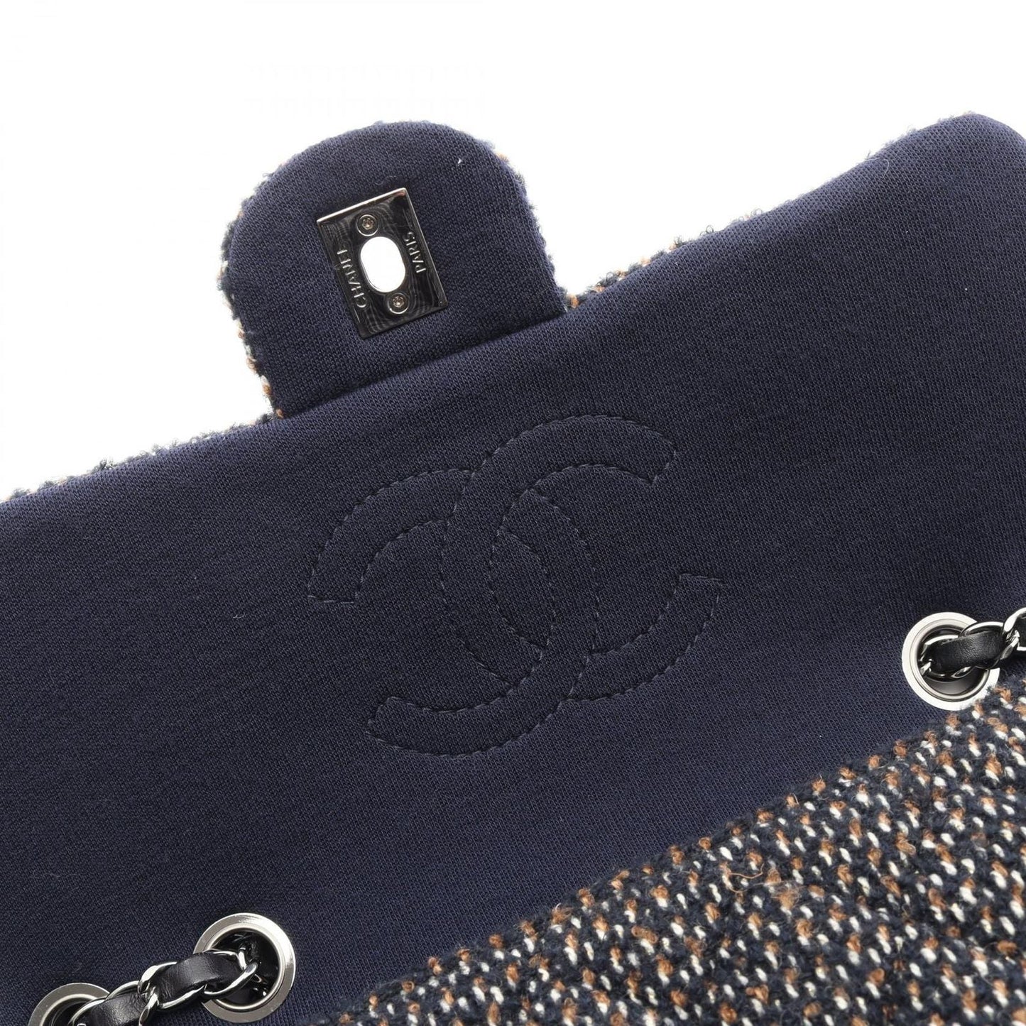 Chanel Shoulder Bag Quilted Navy Brown Fabric Chain