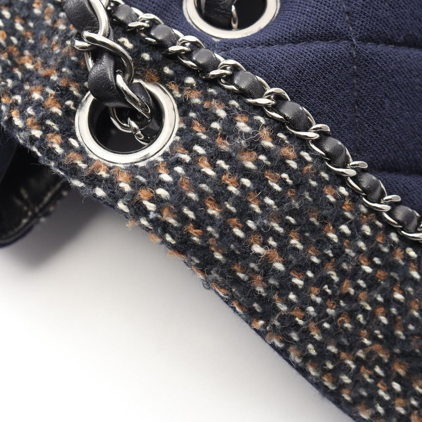 Chanel Shoulder Bag Quilted Navy Brown Fabric Chain