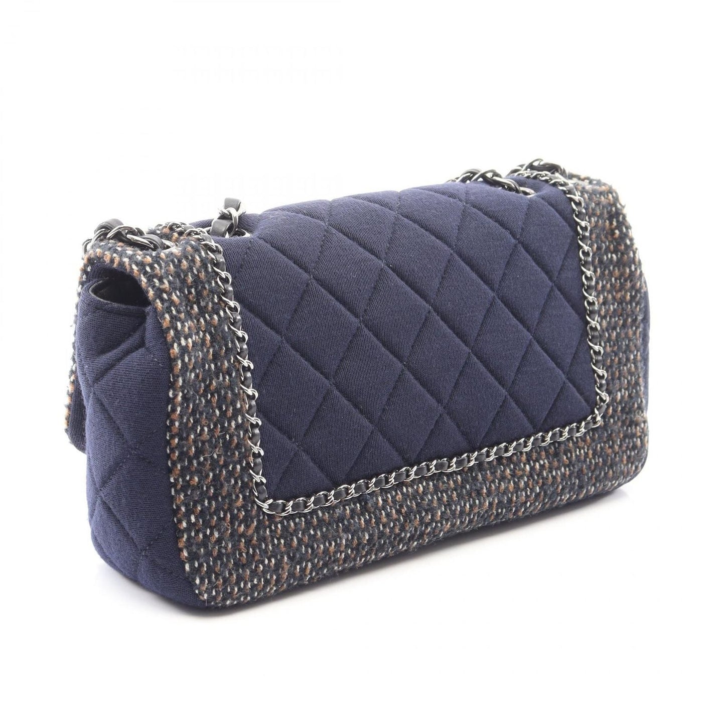 Chanel Shoulder Bag Quilted Navy Brown Fabric Chain