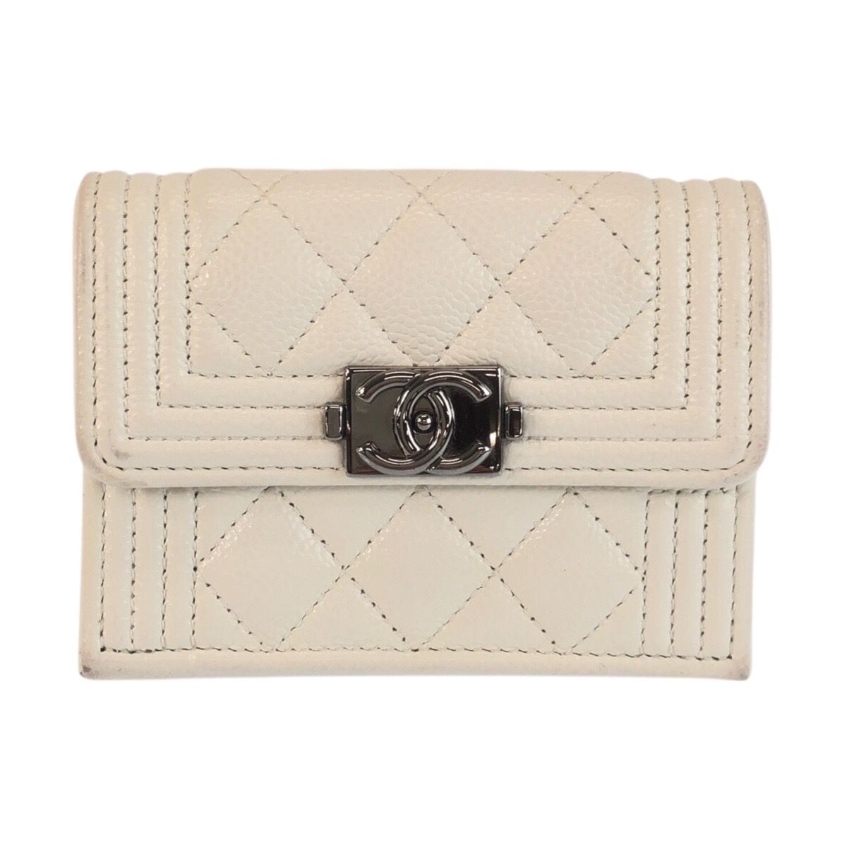 Chanel CC Logo White Silver Leather Fold Wallet Compact