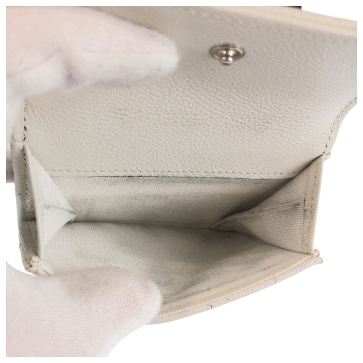 Chanel CC Logo White Silver Leather Fold Wallet Compact
