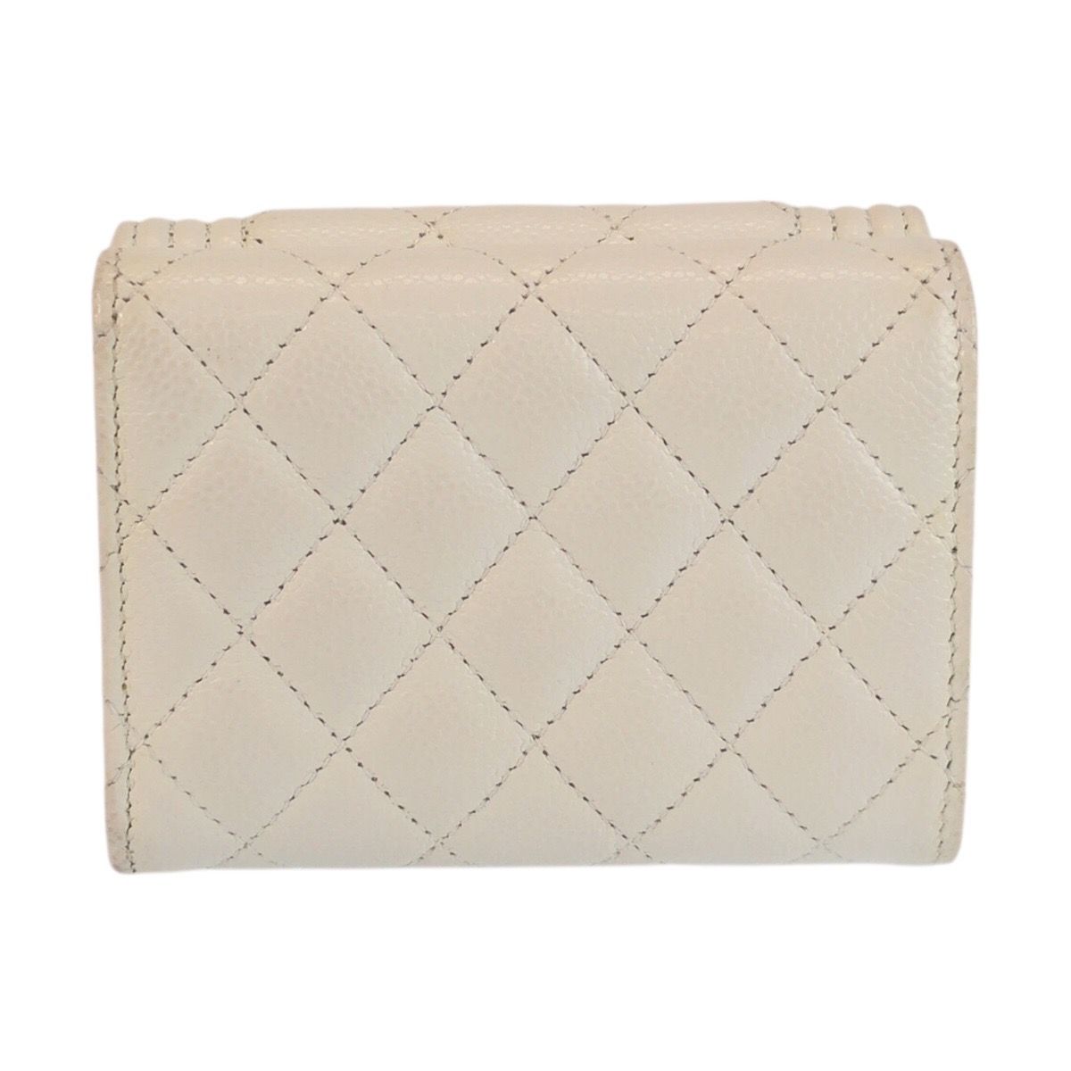 Chanel CC Logo White Silver Leather Fold Wallet Compact