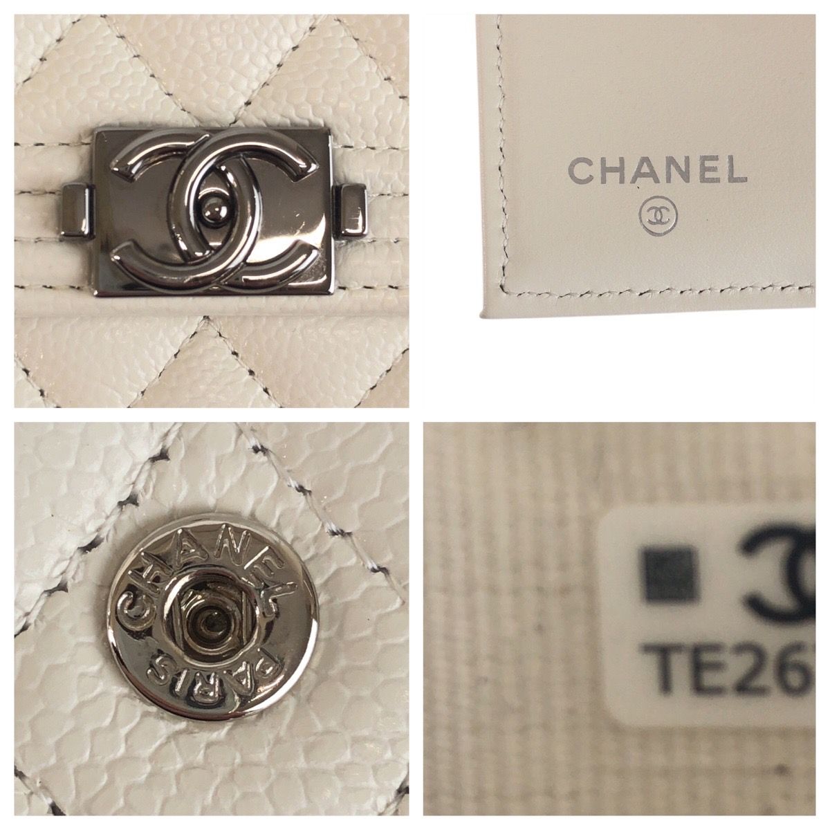 Chanel CC Logo White Silver Leather Fold Wallet Compact