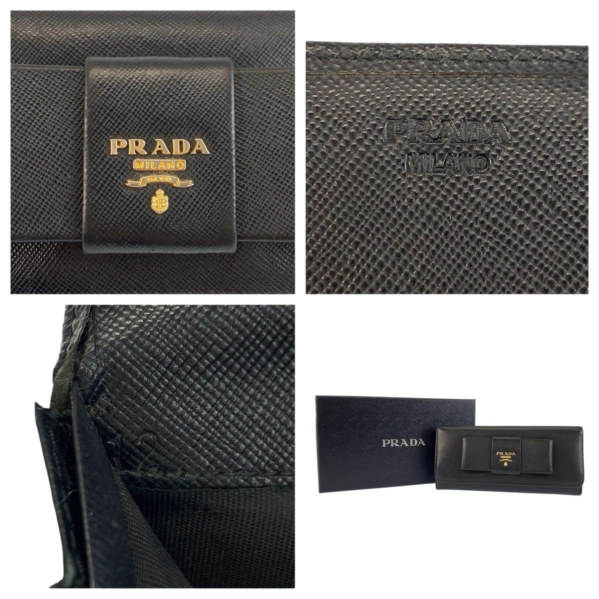 Prada Saffiano Fiocco Ribbon Black Gold Leather Wallet
