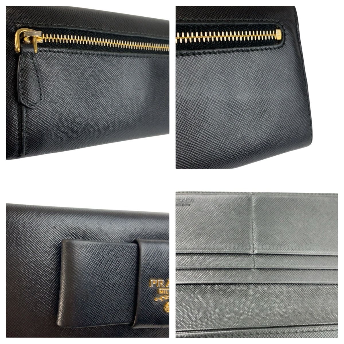 Prada Saffiano Fiocco Ribbon Black Gold Leather Wallet