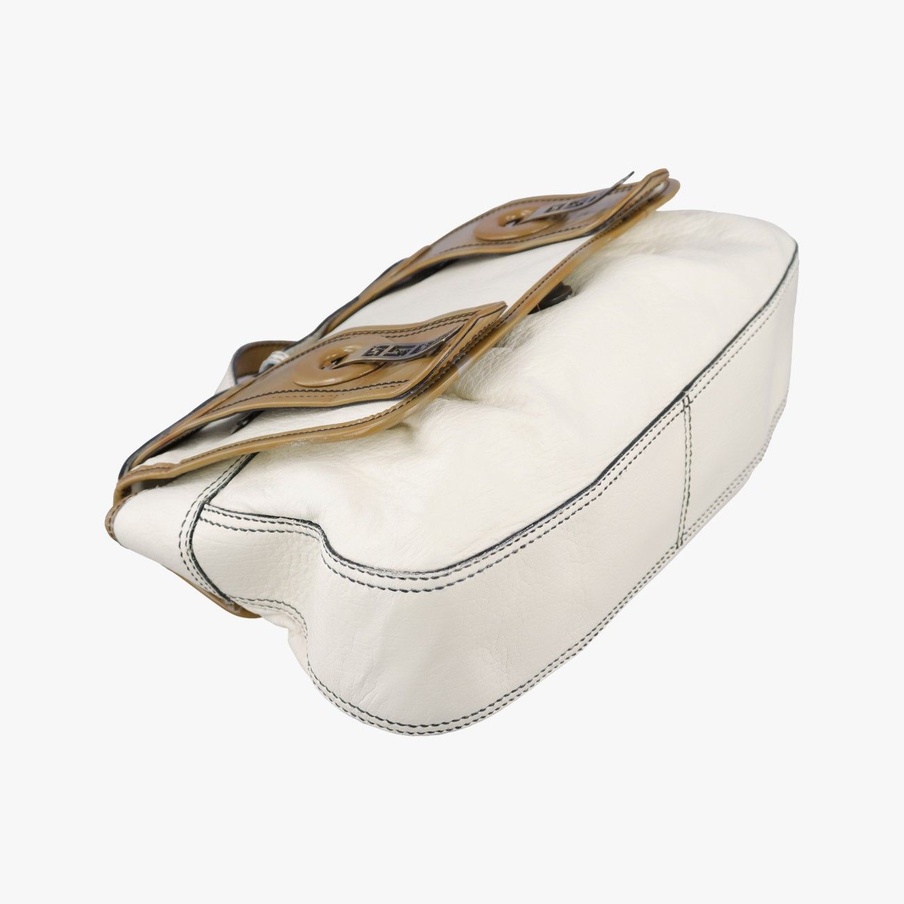 Fendi b Bag White Brown Leather Patent 001