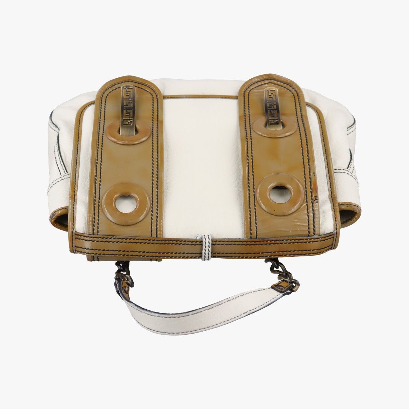 Fendi b Bag White Brown Leather Patent 001