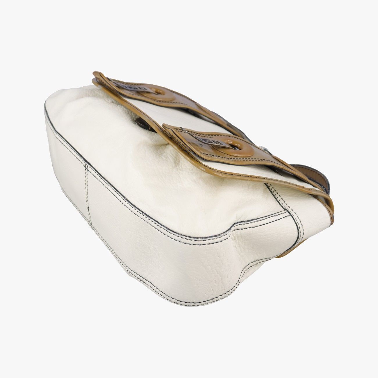 Fendi b Bag White Brown Leather Patent 001