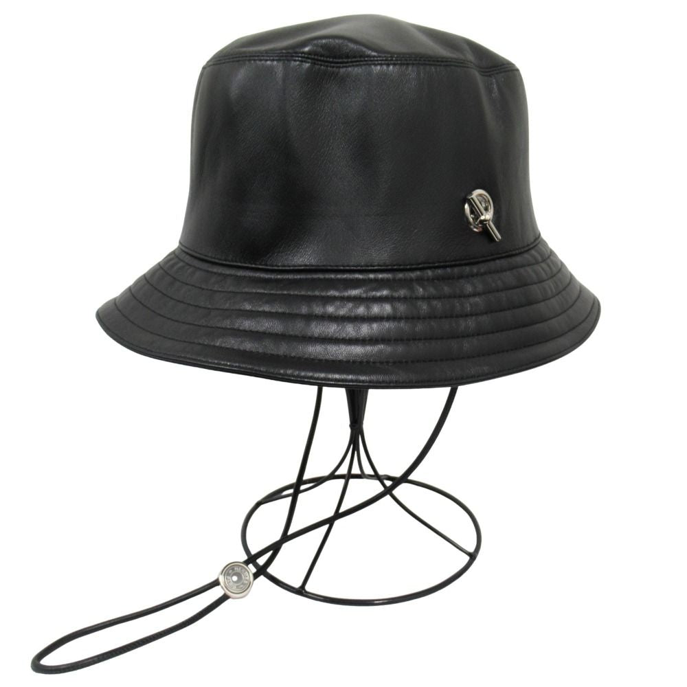 Hermes Glenan Lambskin Bucket Hat Series Lining Cashmere Silver 58 Black