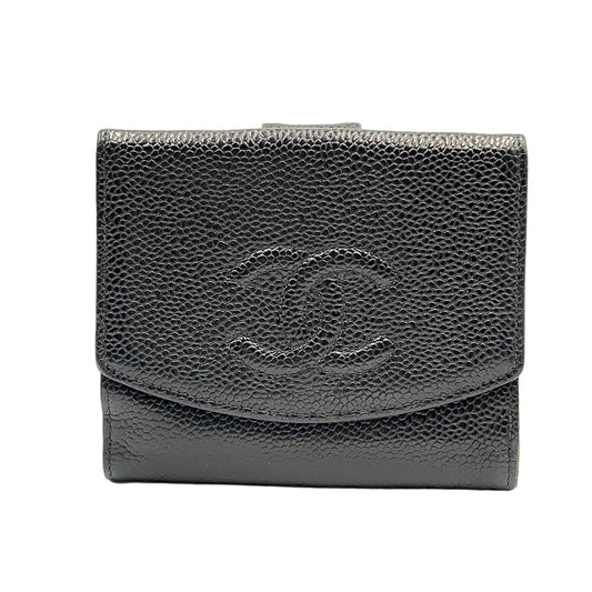 Chanel CC Logo Hook Wallet Caviar Leather Black Bifold Gold