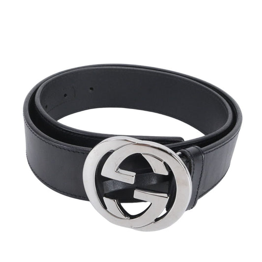 Gucci Interlocking Leather Belt Suit Black Silver Buckle Ewe