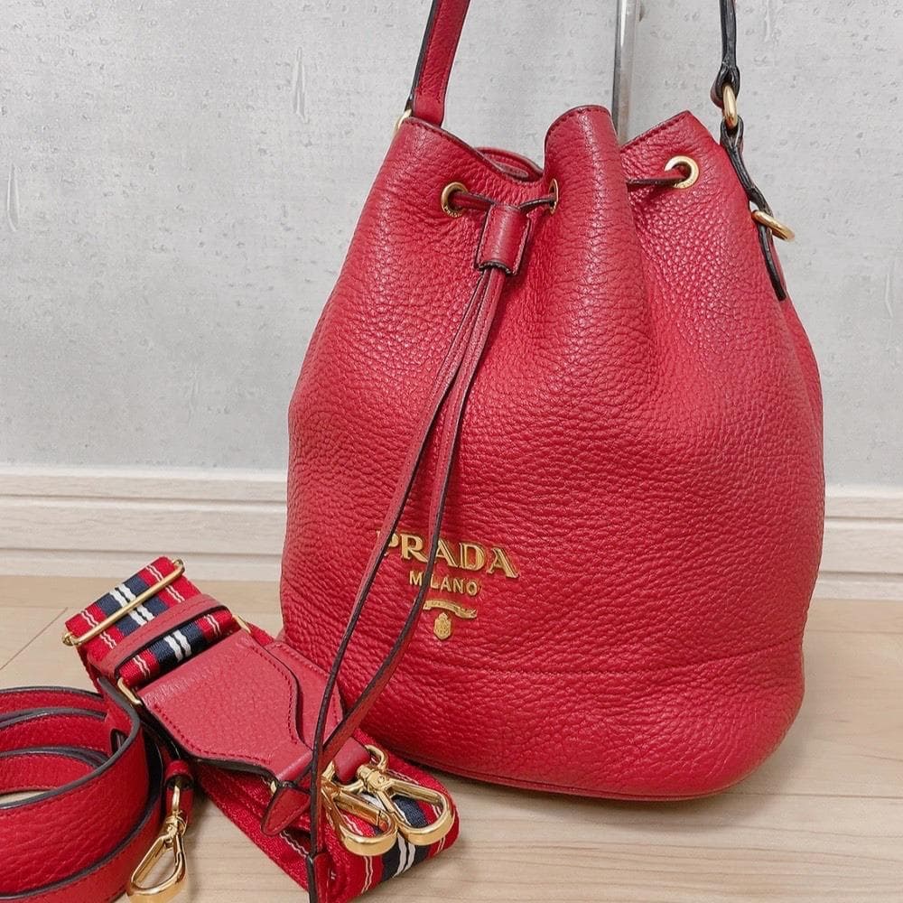 Prada Vitello Daino Drawstring 2-Way Leather Bucket Bag Red