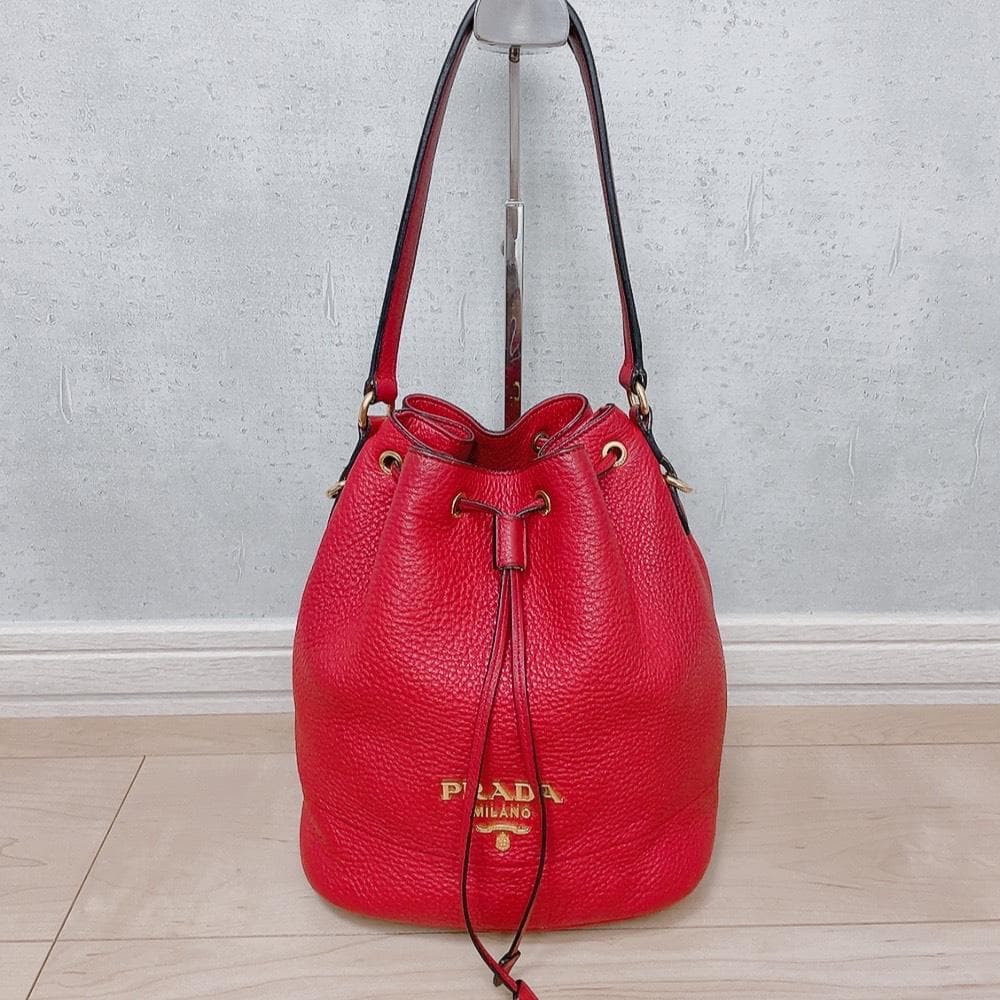 Prada Vitello Daino Drawstring 2-Way Leather Bucket Bag Red