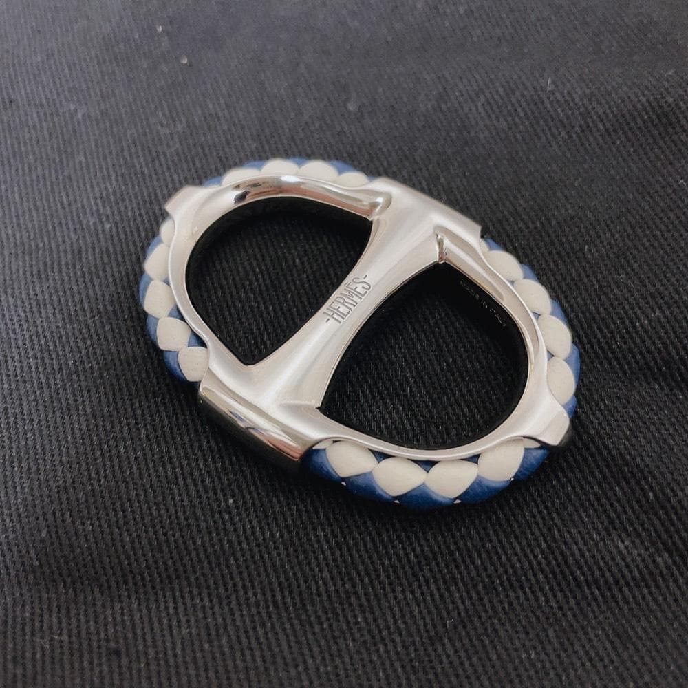 Hermes Scarf Ring 90 Chaine D'ancre Blue Silver