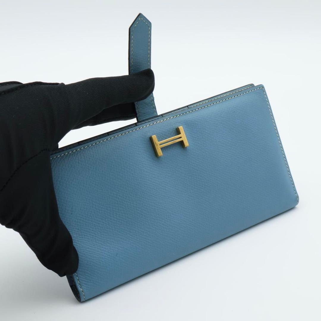 Hermes Bearn Classic Blue Jean Epsom Gold Wallet